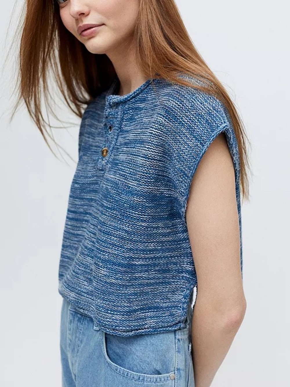 Urban Outfitters Blue Marled Knit Sleeveless Henley Sweater Top